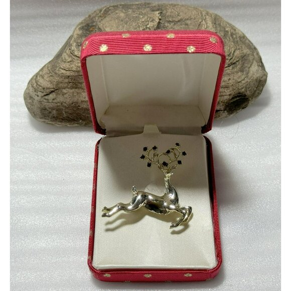 Vtg Leaping Raindeer Red Crystals in Antlers Polished Gold Finish Pin Brooch - Picture 4 of 4